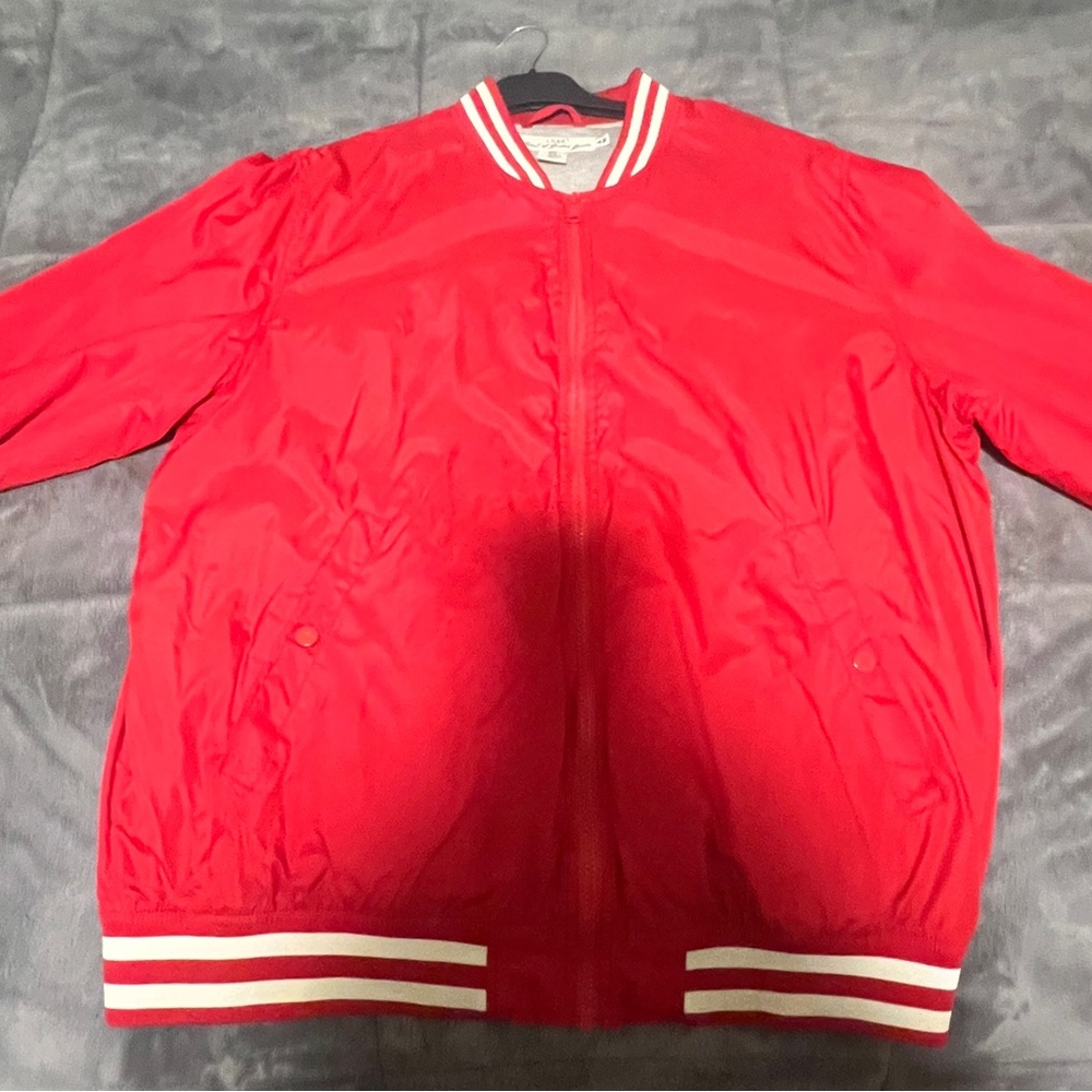 H&M Vibrant Red Bomber Jacket with White Stripes
